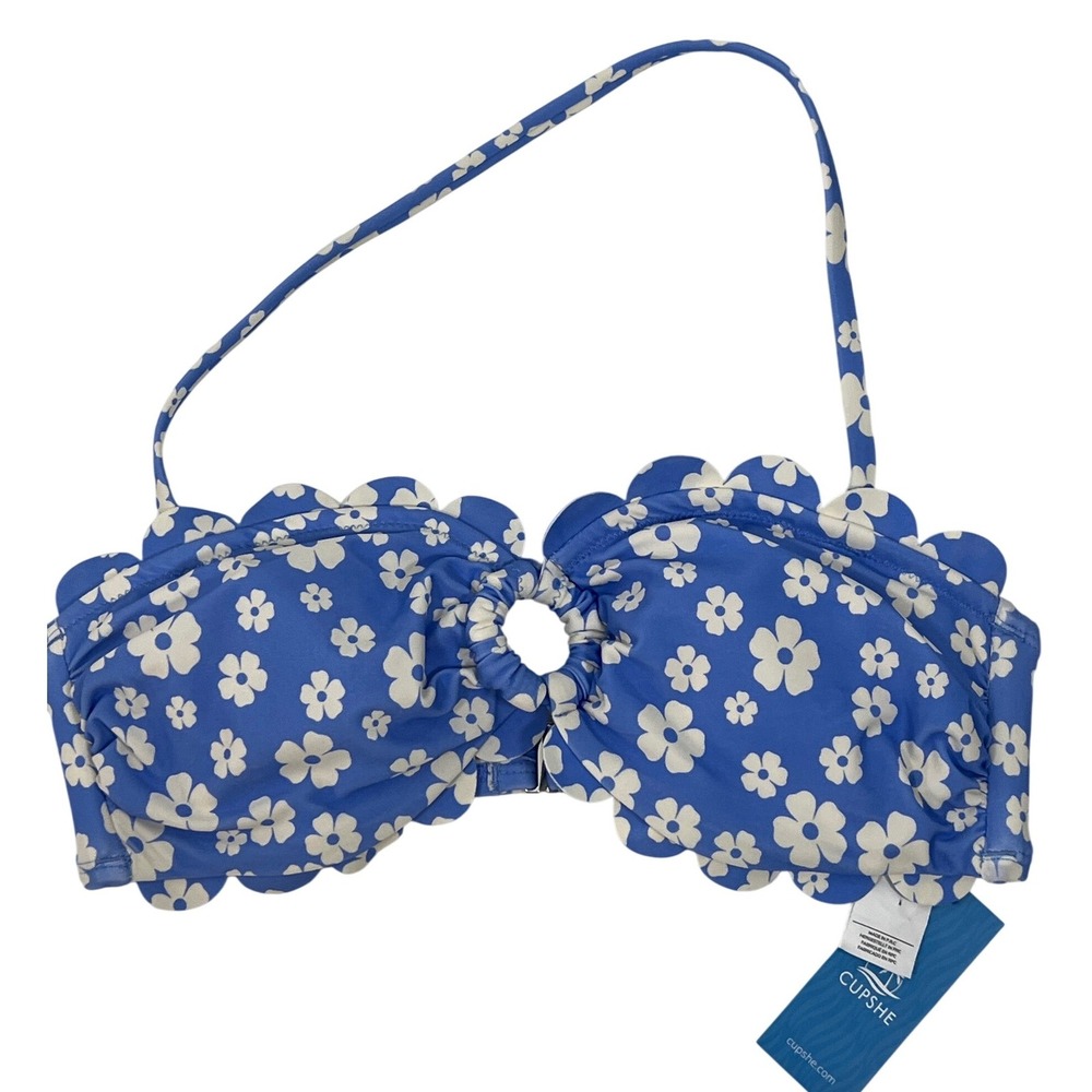 NWT Cupshe Blue White Dainty Flowers Bikini Swimsuit Top Halter Strapless Medium